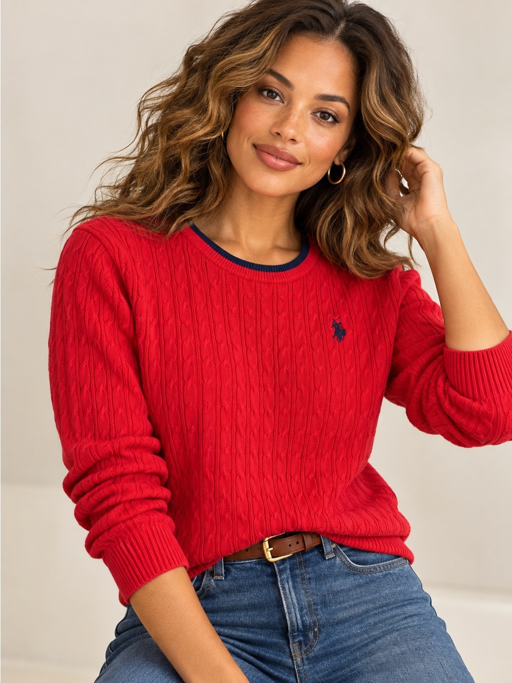 U.S. Polo Assn. Red Cable-Knit Crewneck Sweater with Navy Trim XL
